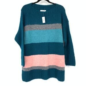 Lou & Grey For Loft Tunic Sweater Womens Size Medium Teal Pink Gray Striped NEW